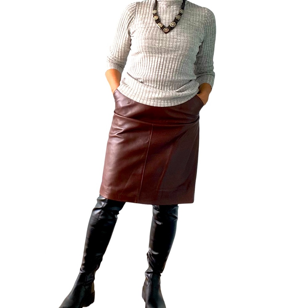 Brown leather pencil skirt, custom made Size M